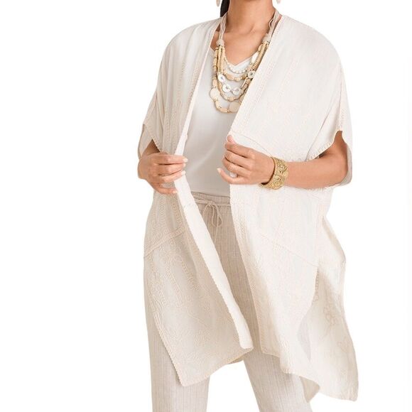 Chico’s Floral Embroidered Neutral Kaftan Ruana Wrap - Picture 2 of 9